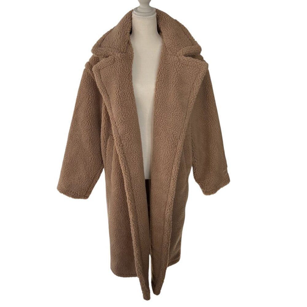 Fabletics NWT Longline Sherpa Teddy Coat Hook Closure with Pockets Tan Size L